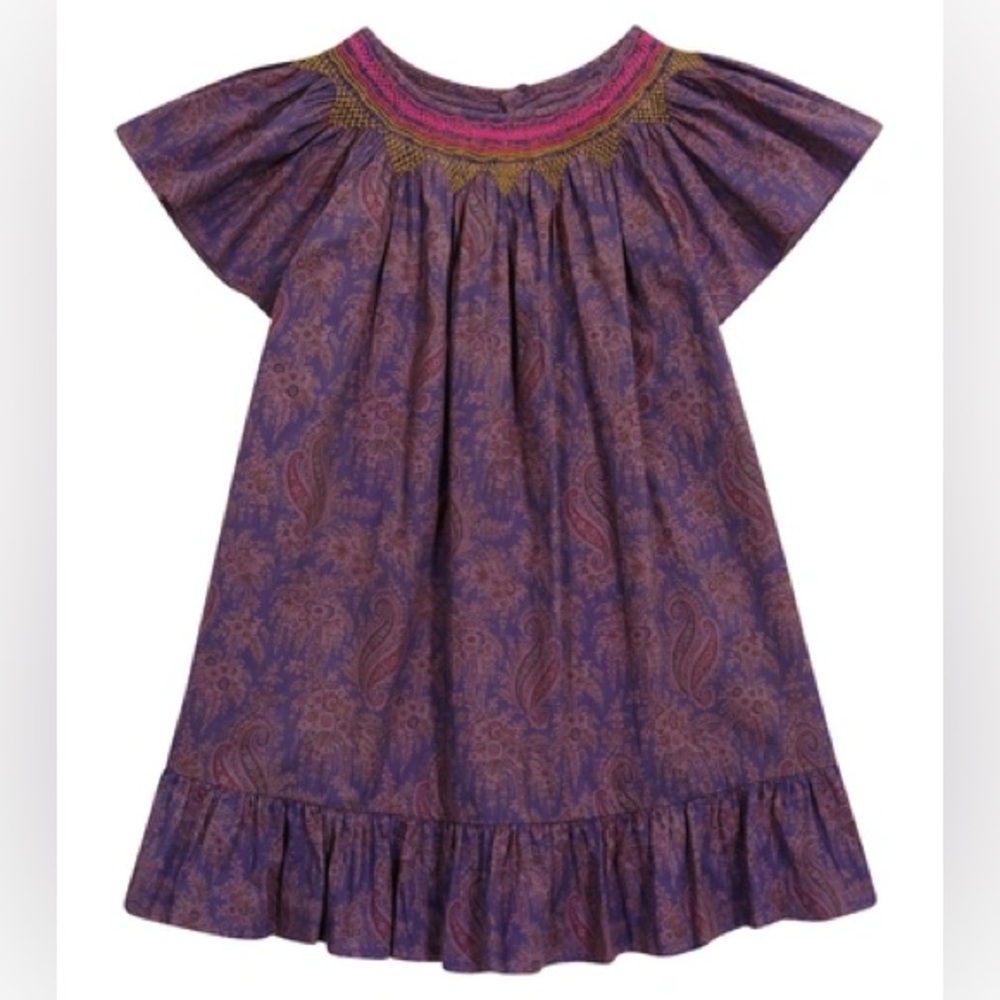 Bonpoint Purple Paisley Smocked Cotton Dress with Pink Trim